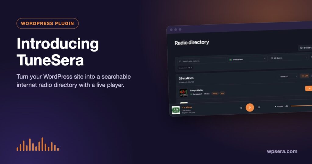 TuneSera WordPress plugin: a searchable internet radio directory with filters, station list and sticky player