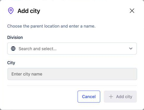 Add city dialog asking for the parent division and the city name