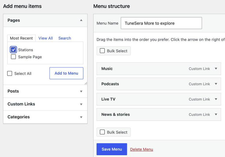 WordPress Menus screen with the Stations directory page ticked and ready to add to the menu