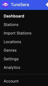 TuneSera admin menu with Dashboard, Stations, Import Stations, Locations, Genres, Settings and Analytics