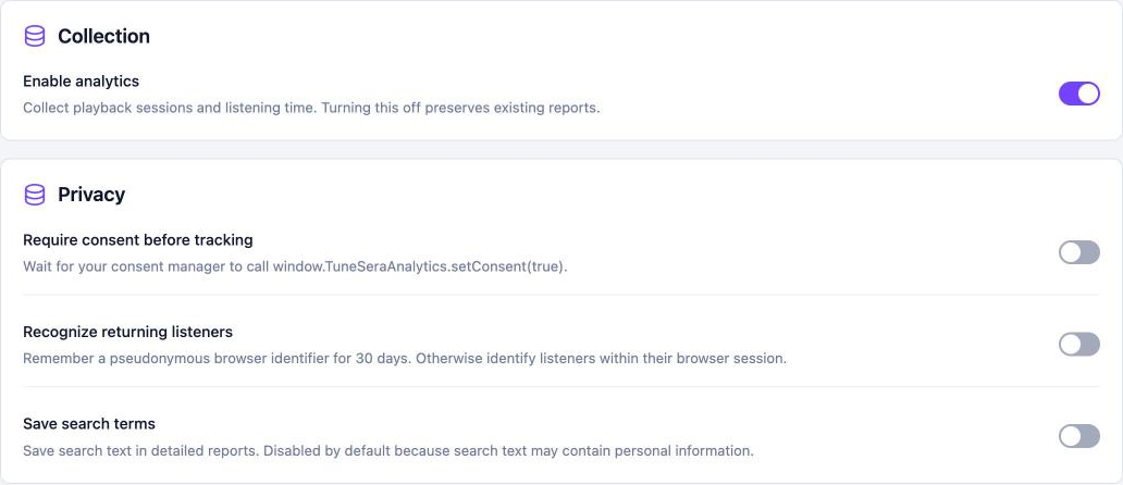 Analytics settings: Enable analytics, Require consent before tracking, Recognize returning listeners and Save search terms