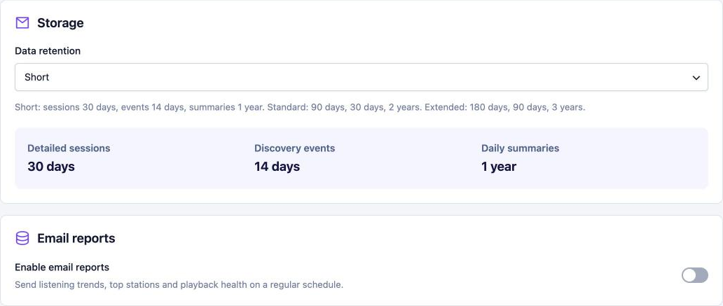 Analytics Storage settings with Data retention (Short, Standard, Extended) and the Enable email reports switch