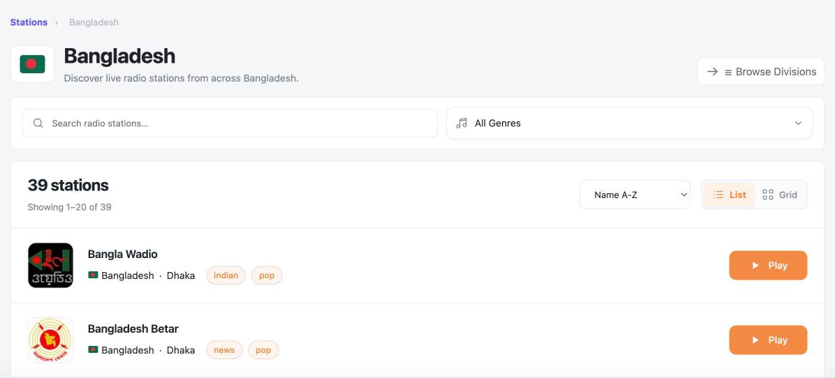 A country archive page for Bangladesh with breadcrumb, flag, description, search, genre filter, Browse Divisions and the station list