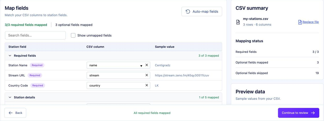 TuneSera Pro CSV field mapping with spreadsheet columns matched to station fields