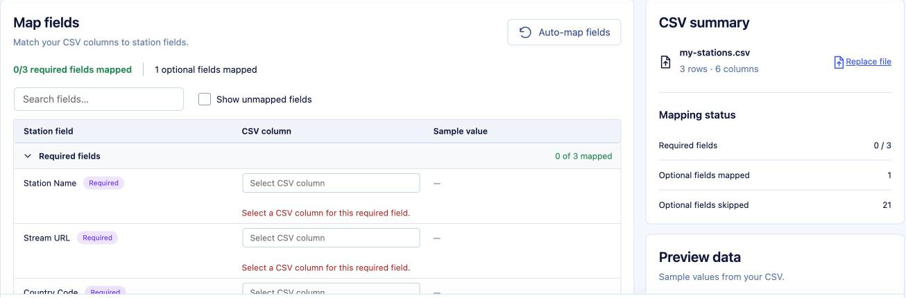 Map fields step with Auto-map fields, required fields Station Name, Stream URL and Country Code, and the CSV summary panel