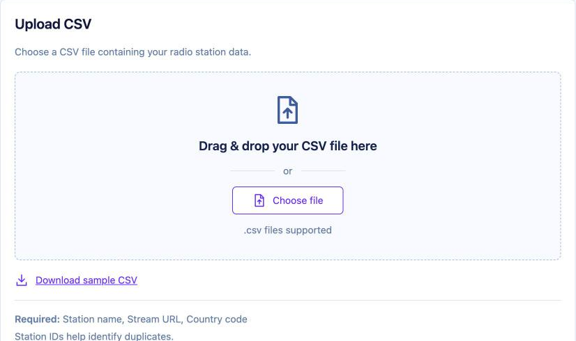 Upload CSV tab with the drag and drop area, Choose file button and Download sample CSV link