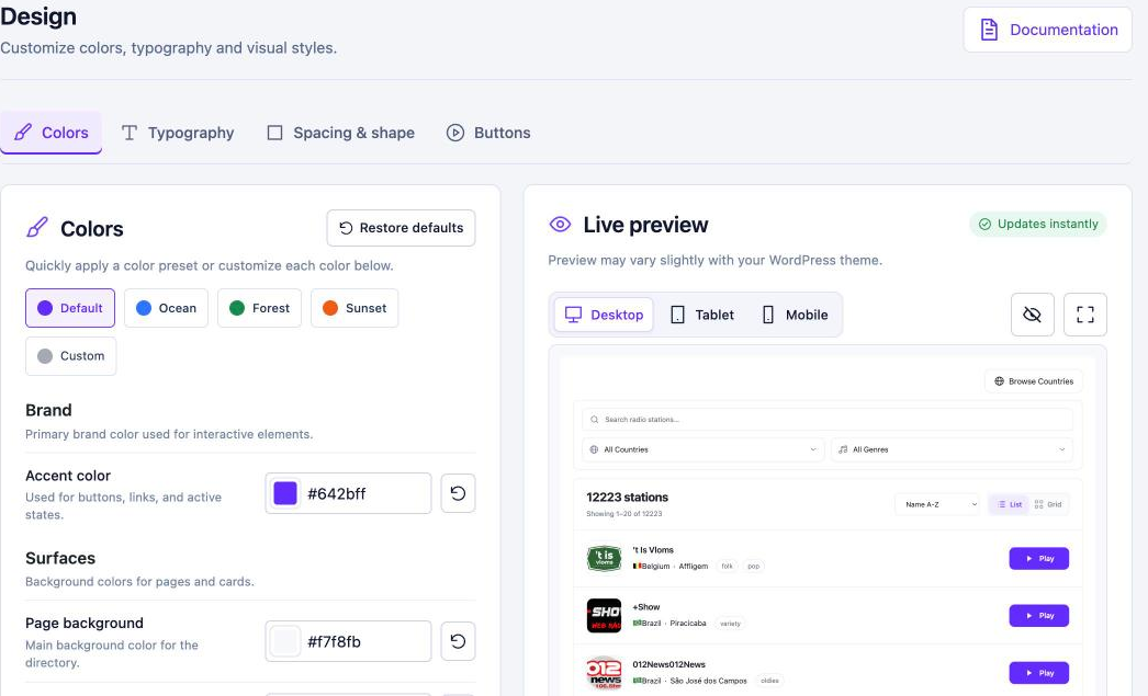 Design settings, Colors section, with presets Default, Ocean, Forest, Sunset and Custom, color fields and a live preview