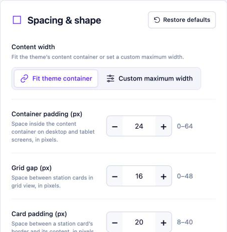 Spacing & shape settings: Content width, Container padding, Grid gap and Card padding