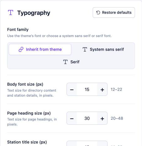 Typography settings: Font family (Inherit from theme, System sans serif, Serif), Body font size and Page heading size