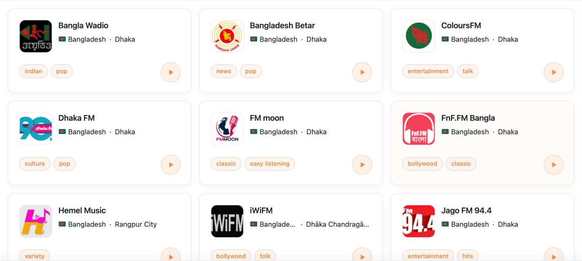 TuneSera radio directory in grid view with station cards