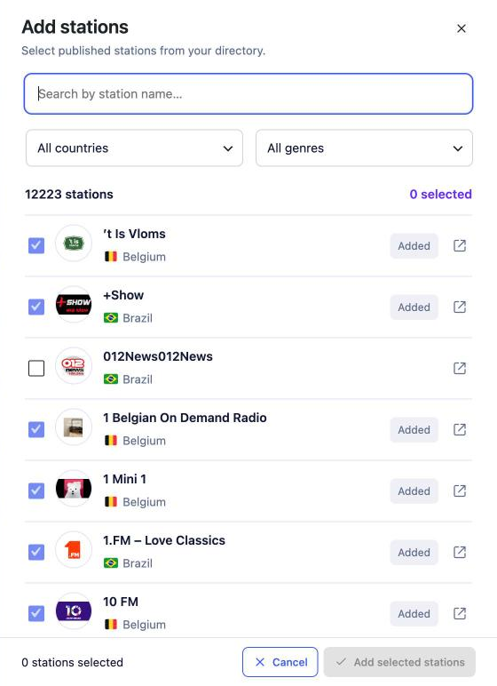 Add stations panel for featured stations with search, country and genre filters, a list of stations and Add selected stations