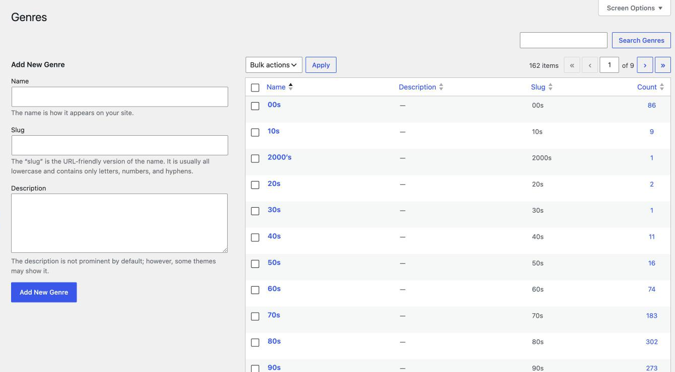 TuneSera Genres screen with the Add New Genre form and the list of genres with station counts