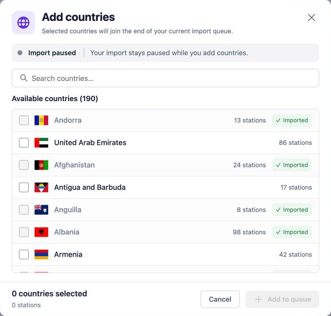 Add countries dialog with search, available countries and station counts, and the Add to queue button