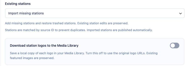 Existing stations option set to Import missing stations, with a note that stations are matched by source ID