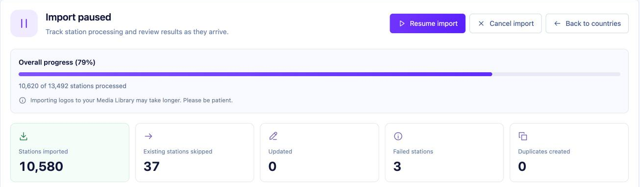 Import progress screen for a paused import with Resume import and Cancel import buttons, overall progress and result counts