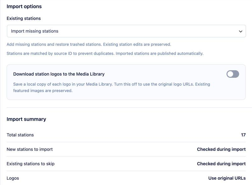 TuneSera import Review and configure step with options for existing stations