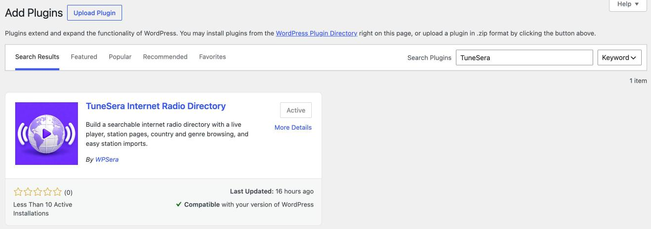 Searching for TuneSera under Plugins > Add Plugin shows TuneSera Internet Radio Directory by WPSera” class=”wp-image-57″/><figcaption class=