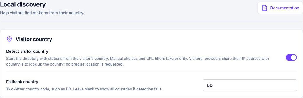 Local discovery settings with Detect visitor country turned on and a Fallback country field