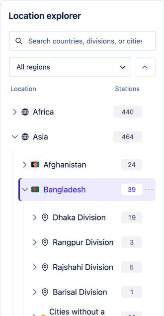 Location explorer tree with regions, countries, divisions and station counts