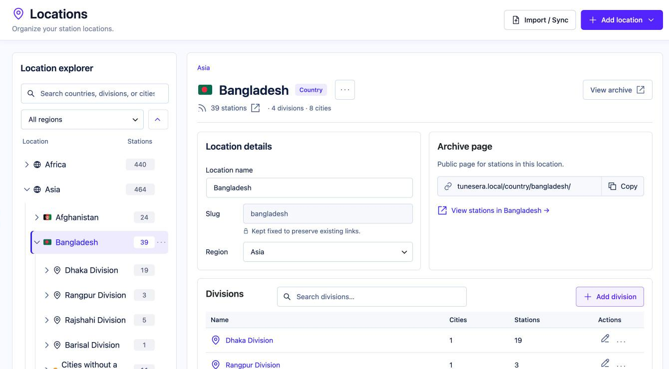 Locations screen with the Location explorer tree on the left and Bangladesh selected, showing location details, archive page link and divisions