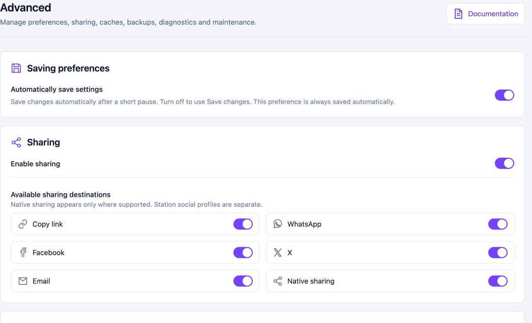 Advanced settings with Automatically save settings and Sharing options for Copy link, WhatsApp, Facebook, X, Email and Native sharing