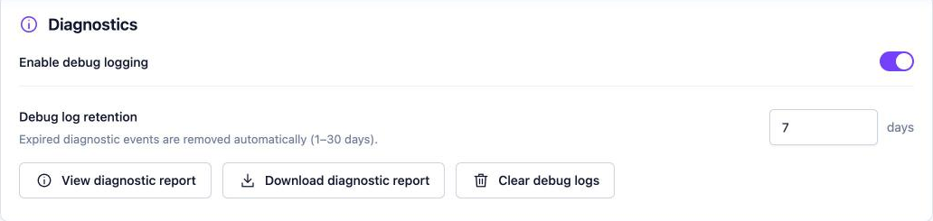 Diagnostics settings with Enable debug logging, Debug log retention, and View, Download and Clear buttons