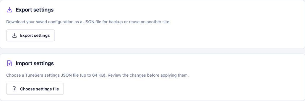 Export settings and Import settings panels with Export settings and Choose settings file buttons