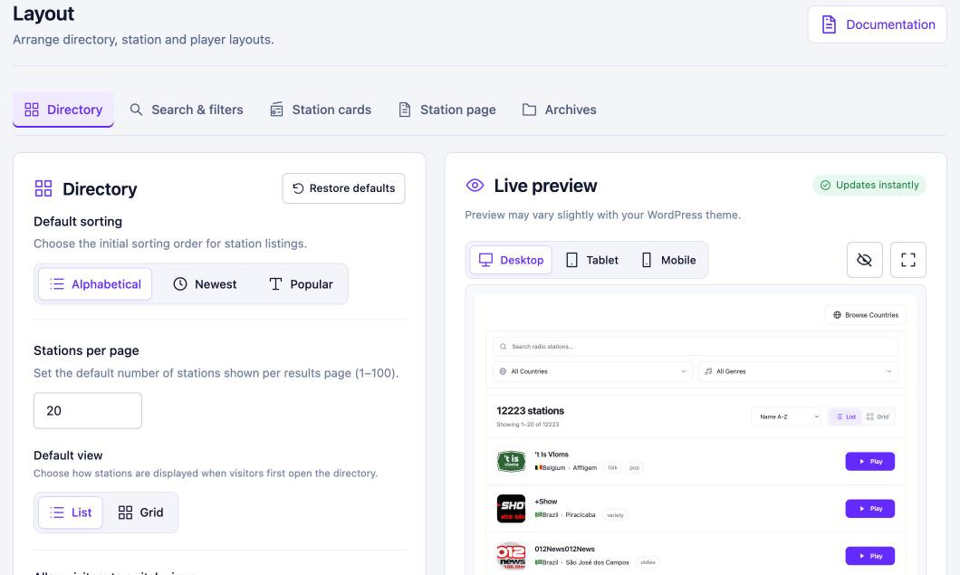 Layout settings, Directory section, with Default sorting, Stations per page and Default view, plus a live preview
