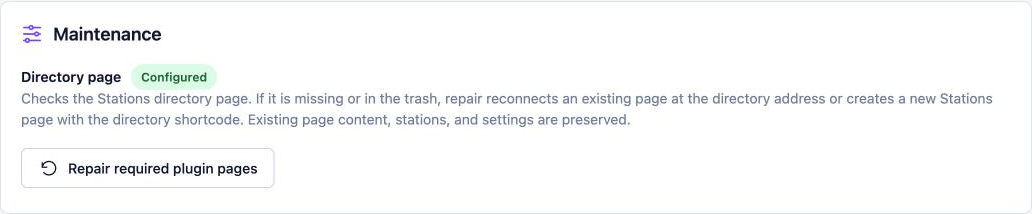 Maintenance panel showing the directory page status and the Repair required plugin pages button