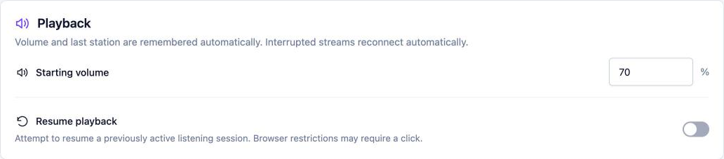 Playback settings: Starting volume and Resume playback, with a note that volume and last station are remembered automatically