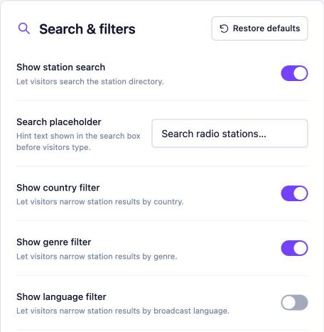 Search & filters layout settings: Show station search, Search placeholder, Show country filter, Show genre filter and Show language filter