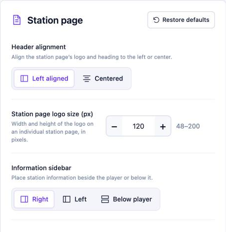 Station page layout settings: Header alignment, Station page logo size and Information sidebar position