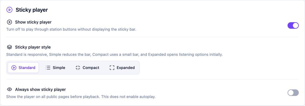 TuneSera sticky player settings screen