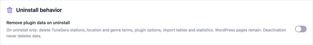 Uninstall behavior with the Remove plugin data on uninstall switch