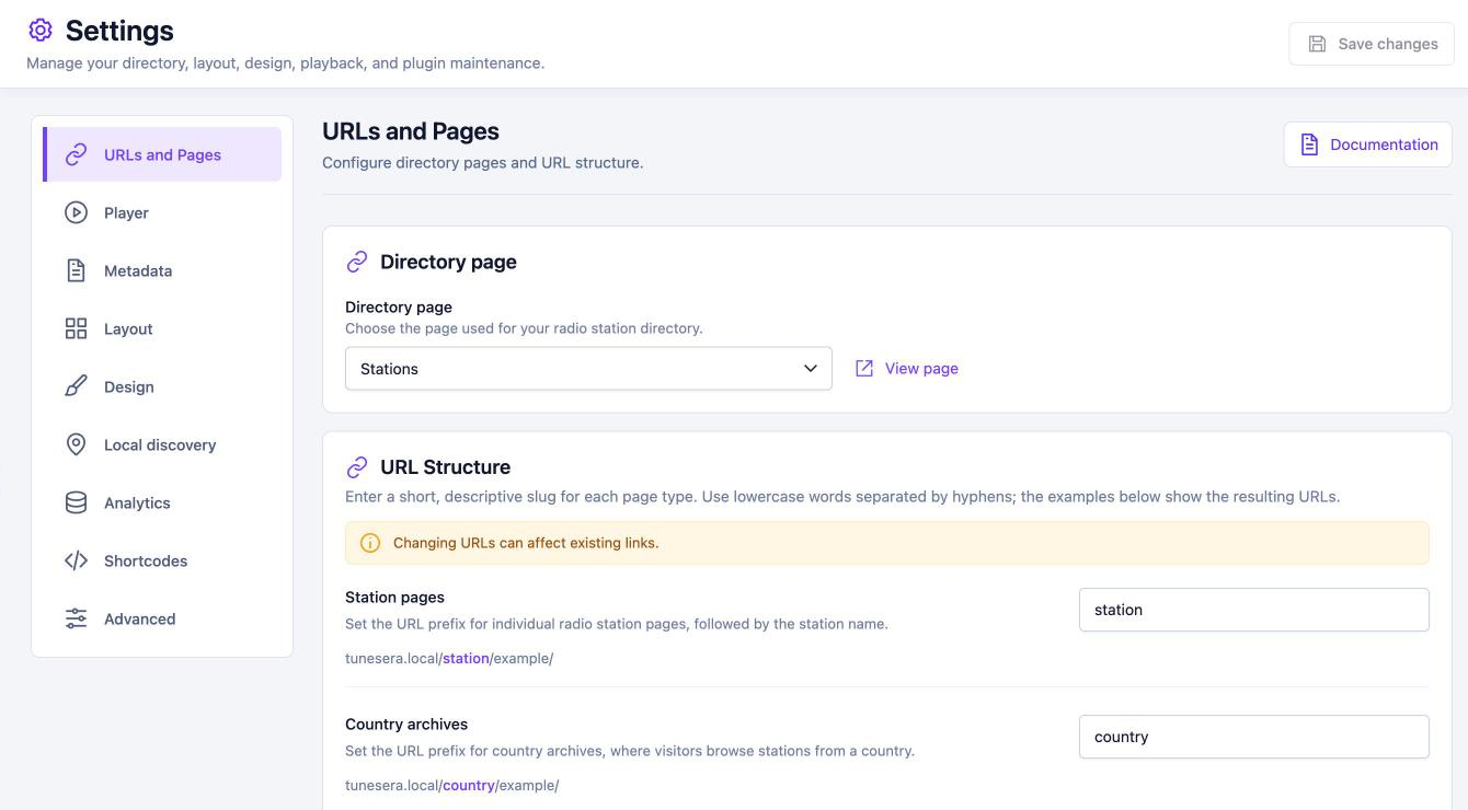TuneSera Settings with the URLs and Pages tab open, showing the Directory page selector and URL Structure slugs