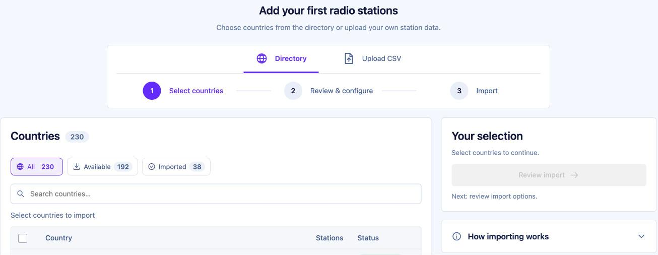 Add stations step of the TuneSera setup wizard with countries to select from the bundled directory