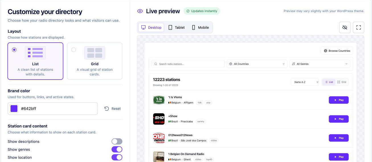 Appearance step of the TuneSera setup wizard with layout options, brand color and live preview