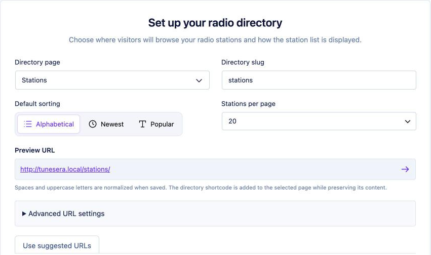 Pages and URLs step of the TuneSera setup wizard with directory page, slug, sorting and stations per page
