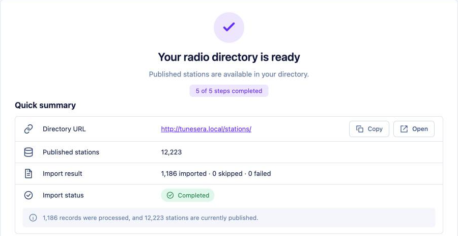 Review and finish step of the TuneSera setup wizard with directory URL and station count