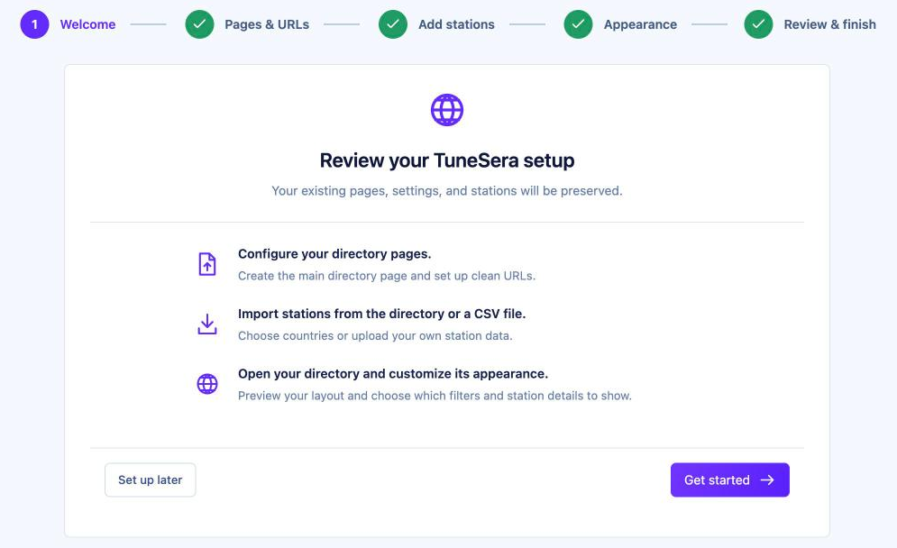 TuneSera setup wizard Welcome step showing the five setup steps