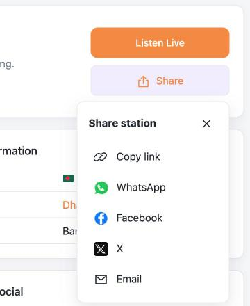 Share station menu with Copy link, WhatsApp, Facebook, X and Email