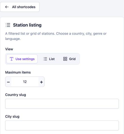 Customizing the Station listing shortcode: View (Use settings, List, Grid), Maximum items, Country slug and City slug