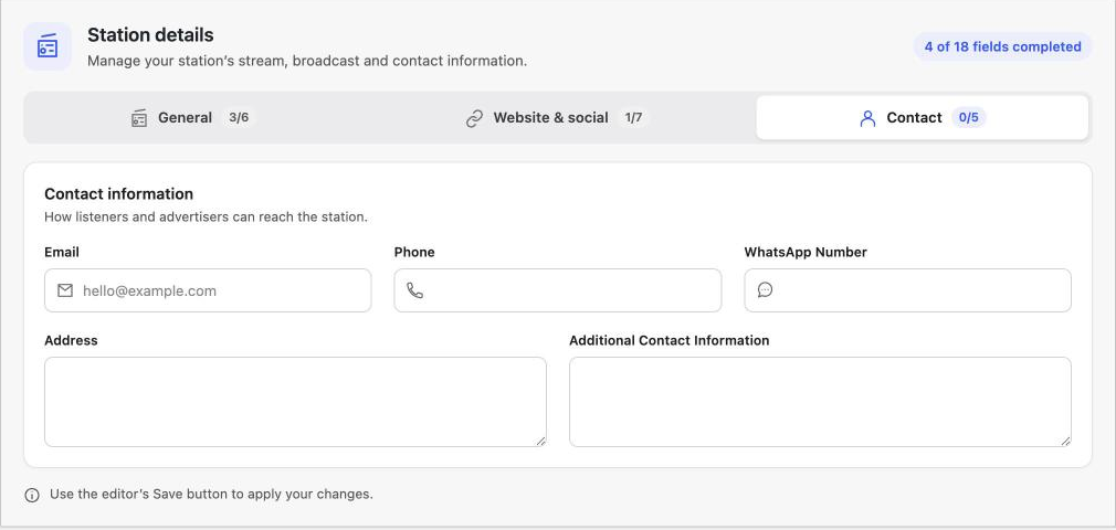 Contact tab in the station editor with Email, Phone, WhatsApp Number, Address and Additional Contact Information