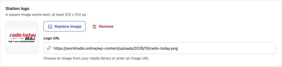 Station logo panel with logo preview, Replace image and Remove buttons and a Logo URL field