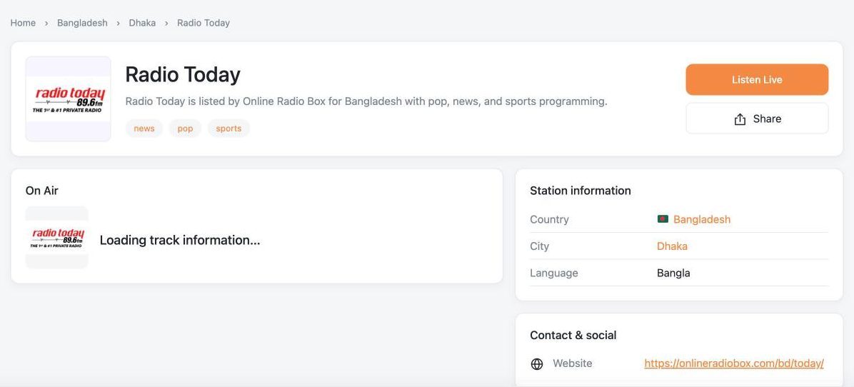 A TuneSera station page with Listen Live and Share buttons, an On Air panel and station information