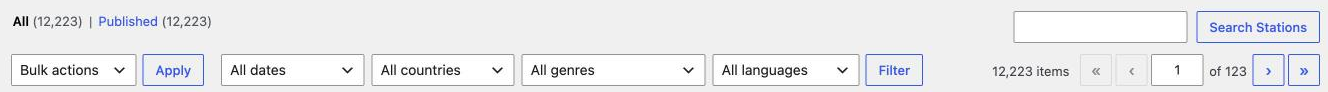 Station list filters: All countries, All genres, All languages and Filter, plus Search Stations