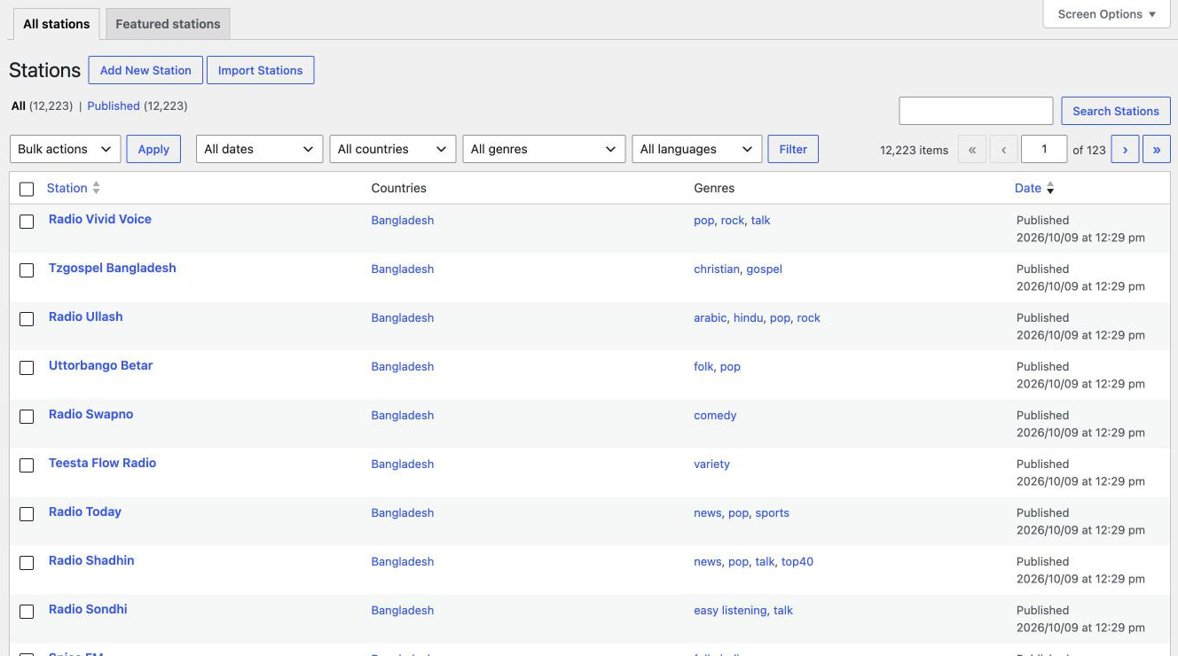 TuneSera Stations list with Add New Station and Import Stations buttons, country, genre and language filters, and a list of stations